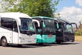 Three tourist coaches parked, Bourton on the Water.