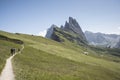 Three tourists walk on the path of the Italian Alps Royalty Free Stock Photo