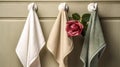 three towels hanging on a hook with a rose in the middle of it and a rose in the middle of the towel rack on the wall Royalty Free Stock Photo