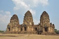 The three towers of Phra Prang Sam Yod seen from the south-west, a 13th century Buddhist temple in Lopburi, Thailand