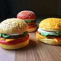 Three toy burgers on a wooden table