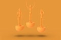 Three toy man of orange color on a sports abstract pedestal. Minimal concept: winner, loser. 3D render