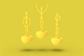Three toy man of yellow color on a sports abstract pedestal. Minimal concept: winner, loser. 3D render