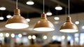 Three track lights on the ceiling create a warm atmosphere, with two lights glowing and one switched off in a softly lit Royalty Free Stock Photo