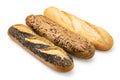 Three traditional baguettes isolated on white. Plain, whole wheat and poppy seed