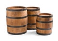 Three traditional wooden barrels on white background Royalty Free Stock Photo