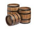 Three traditional wooden barrels on white background Royalty Free Stock Photo