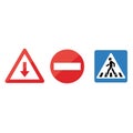 Three traffic signs are depicted: a red triangle with a downward arrow indicating caution or warning, Royalty Free Stock Photo