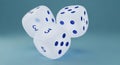 Three Translucent White Dice with Blue Dots Floating Against a Blue Background gambling game Royalty Free Stock Photo
