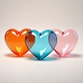 Three transparent glass heart shapes