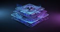 Stacked futuristic microchip processors with glowing blue and purple circuits and data streams on a dark background Royalty Free Stock Photo