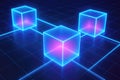 Three transparent neon blue cubes interconnected on a digital grid background blockchain network Royalty Free Stock Photo