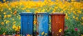 Three Trash Cans Amid Field of Flowers Royalty Free Stock Photo