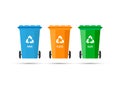 Three trash cans garbage bins with recycle mark on a white background. Vector illustration.