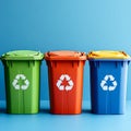 Three trash cans are lined up, each with a different color