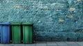 Three trash cans lined up on sidewalk Royalty Free Stock Photo