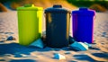 Three trash cans sitting on top of beach next to pile of sand. Generative AI