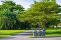 Three trashcans in a park with green tree and plants background Royalty Free Stock Photo
