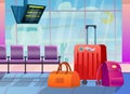 Three travel suitcases in empty waiting area of airport terminal, against background of large windows, take-off of plane Royalty Free Stock Photo