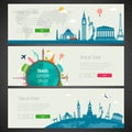 Three Travel and Tourism Headers, Banners with famous Landmarks. Vector