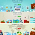 Three Travel and Tourism Headers, Banners. Summer holidays, travel and tourism concept. Website templates. Vector