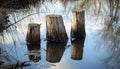 Three tree stumps reflected in calm water with trees in the background on a sunny day Royalty Free Stock Photo