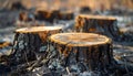 Three tree stumps with rough bark and cut tops in a clearing with dry underbrush Royalty Free Stock Photo
