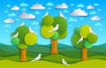 Three trees with birds in the field scenic nature landscape cartoon modern style paper cut vector