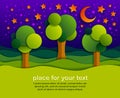 Three trees in the night in the field scenic nature landscape cartoon modern style paper cut vector