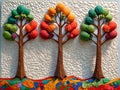Three trees quilted with cloth, paper and yarn, very colorful, very detailed and defined shapes and colors, 3D rendering -