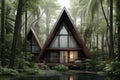 Three triangular shaped cabins in the middle of a forest, AI
