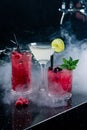 Three tropical mixed drinks in bar with space for copy Royalty Free Stock Photo