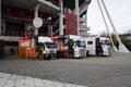 Three trucks of Match TV sports channel at Lokomotiv stadium in Cherkizovo of Moscow, Russia.