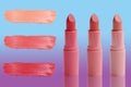 Three tubes of lipstick and abstract strokes, stains of different tones, sample color matching makeup, the concept of natural Royalty Free Stock Photo