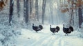 Three Turkeys Walking Through A Snowy Forest Royalty Free Stock Photo