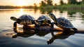 Three Turtles Sunning Themselves on a Log in a Serene Lake at Sunset Royalty Free Stock Photo