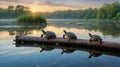 Three Turtles Enjoying the Sunrise on a Log in a Calm Lake Royalty Free Stock Photo