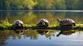 Three Turtles Perched Peacefully on a Mossy Log Reflecting in Calm Lake Water Royalty Free Stock Photo