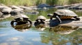 Three Turtles Sunning Themselves on a Rock in a Tranquil Pond on a Sunny Day Royalty Free Stock Photo