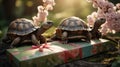 Two Adorable Baby Turtles on a Gift Box with Cherry Blossoms Royalty Free Stock Photo