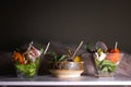 three types of bruschettes on a tray . assorted sandwiches Royalty Free Stock Photo