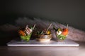 three types of bruschettes on a tray . assorted sandwiches Royalty Free Stock Photo