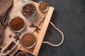 Three types of coffee: grain, ground, granulated on a brown background. Royalty Free Stock Photo