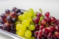 Three types of green, red and black grapes on a silver tray Royalty Free Stock Photo