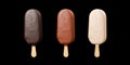 three types ice cream chocolate escimo isolated on black. Chocolate glazed icecream on stick. Ice cream covered in dark, milk and