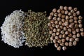 Raw rice, lentils and chickpeas from a top view