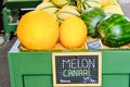 Three types of melons, at farmers market, for sale Royalty Free Stock Photo