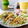Three types of mexican street tacos with barbacoa, carnitas and ChicharrÃÂ³n