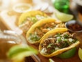 Three types of mexican street tacos with barbacoa, carnitas and ChicharrÃÂ³n