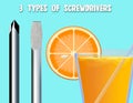 Three types of screwdrivers are shown with one of them being the vodka drink